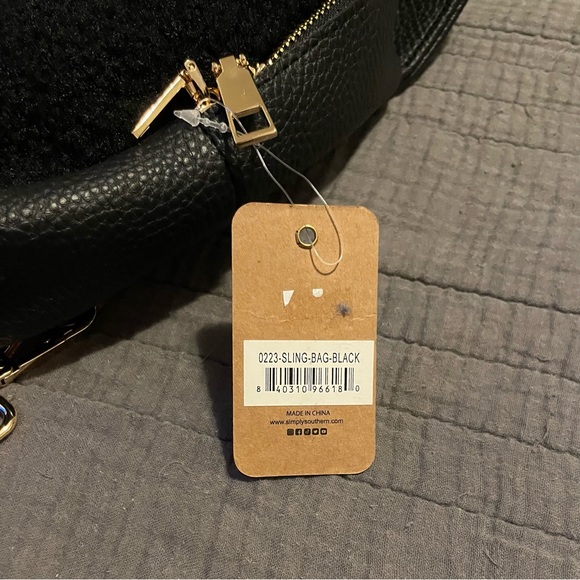 Simply Southern Black Fuzzy Leather Sling Purse with Aztec Pattern Strap - Picture 4 of 4